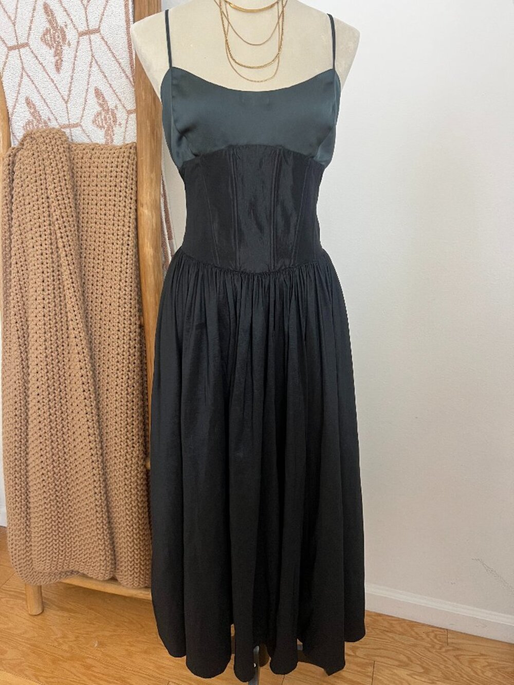 For Love & Lemons Black Corset Satin Midi Dress Size L